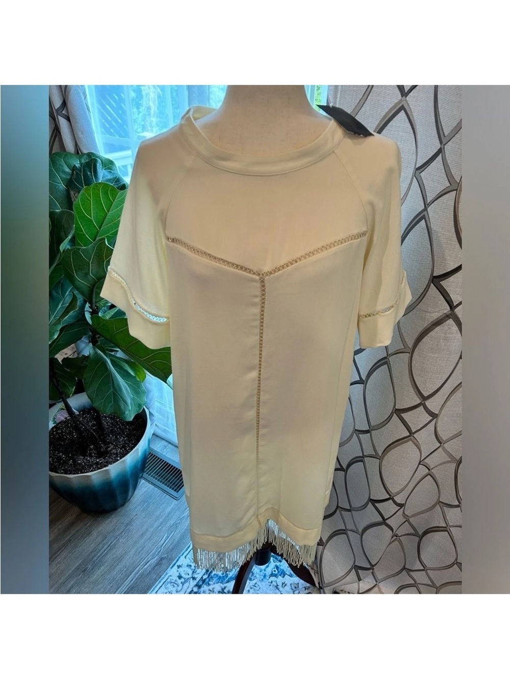 NWT Zara Dress Ivory Vintage Fringe Dress Size Large